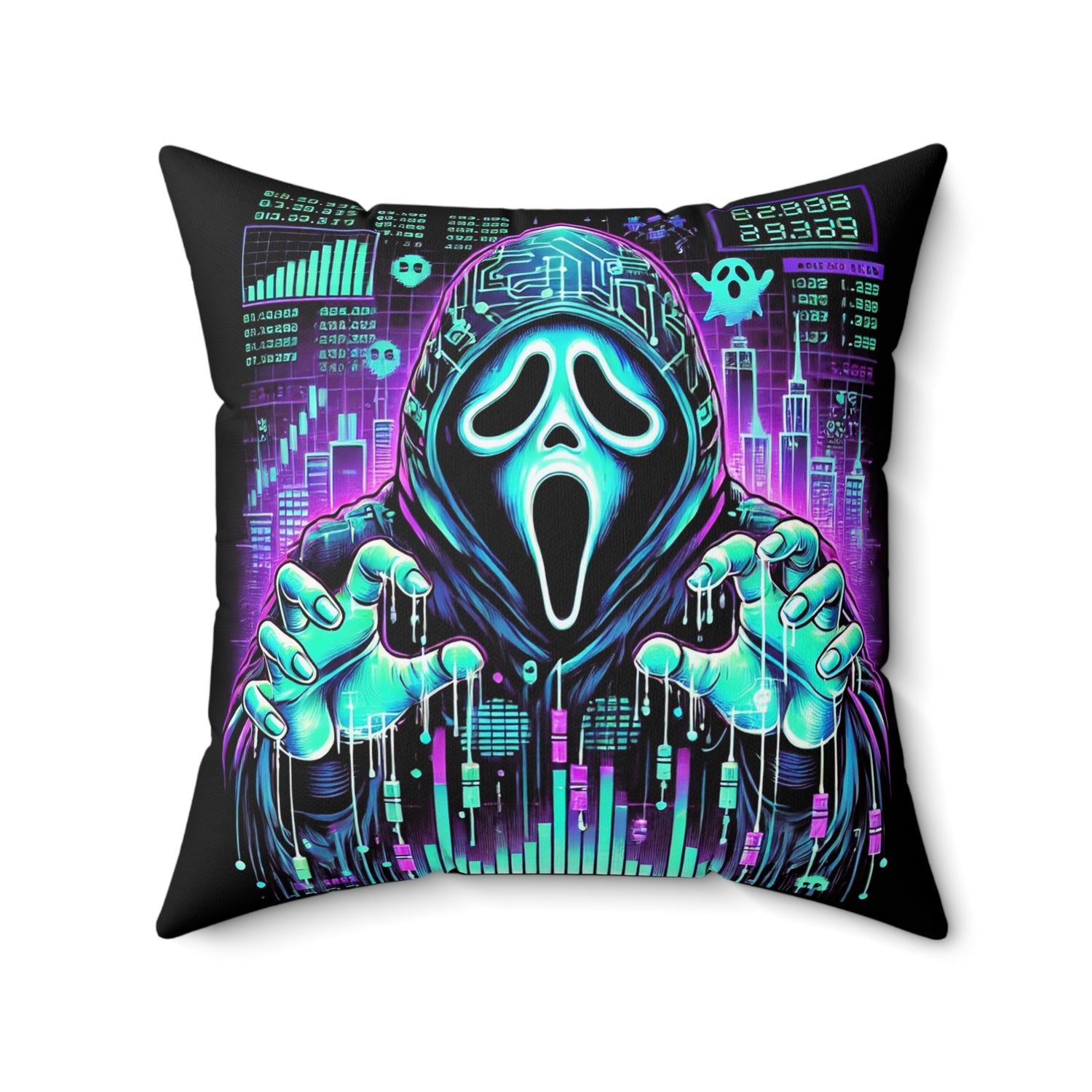 Cyberpunk Ghost Hacker Pillow – Neon Glow Halloween Design, Double-Sided Throw Pillow