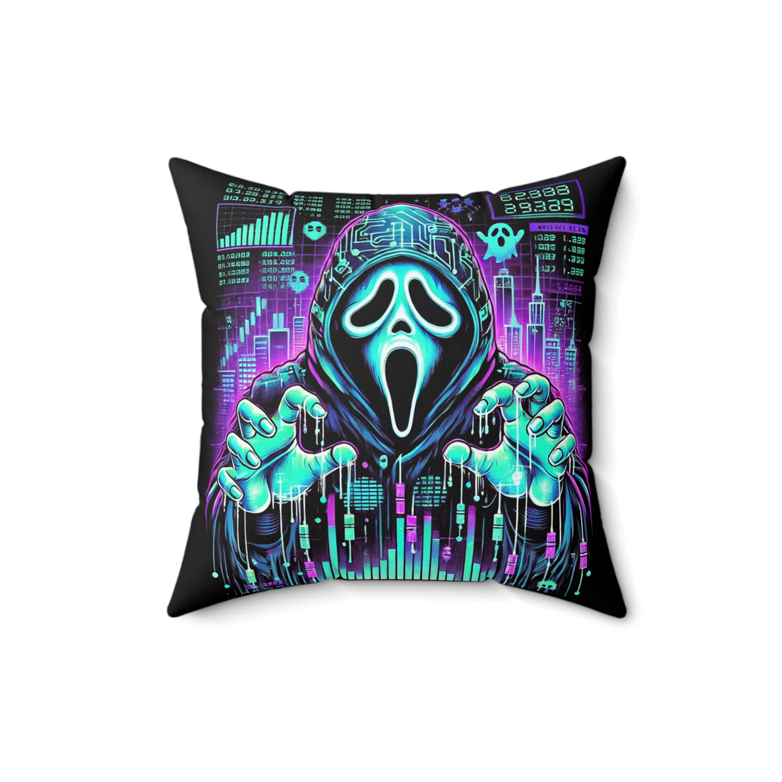 Cyberpunk Ghost Hacker Pillow – Neon Glow Halloween Design, Double-Sided Throw Pillow