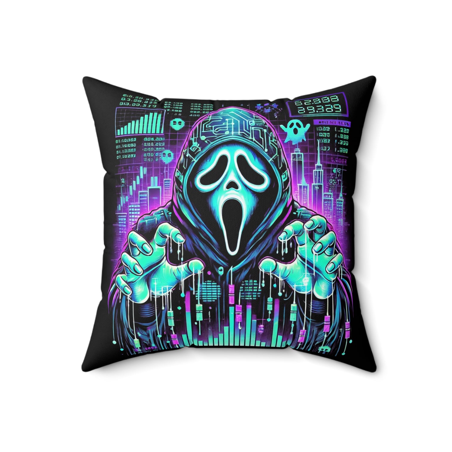 Cyberpunk Ghost Hacker Pillow – Neon Glow Halloween Design, Double-Sided Throw Pillow