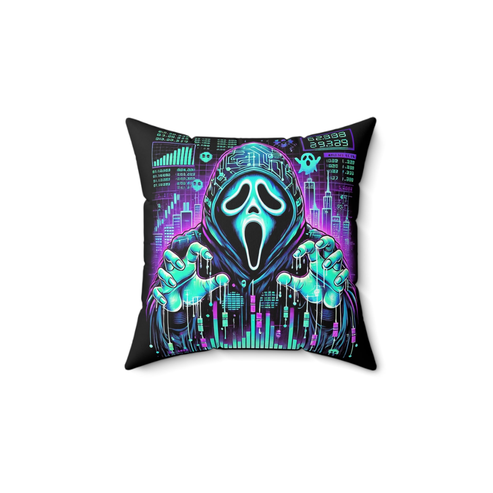 Cyberpunk Ghost Hacker Pillow – Neon Glow Halloween Design, Double-Sided Throw Pillow