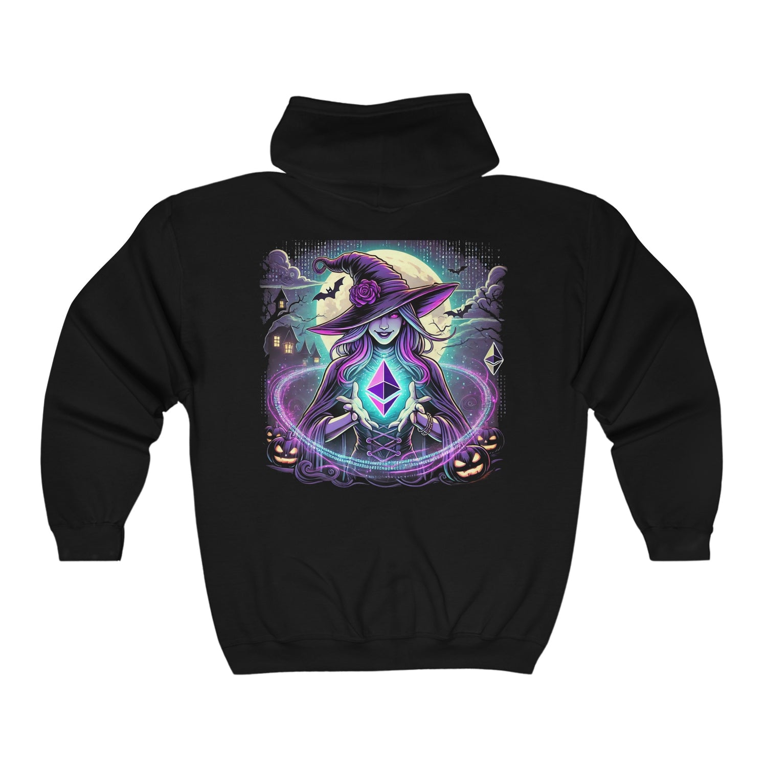 Unisex Comfy Zip-Up Hoodie with Ethereum Halloween Witch Design – Classic Fit, Soft Fleece