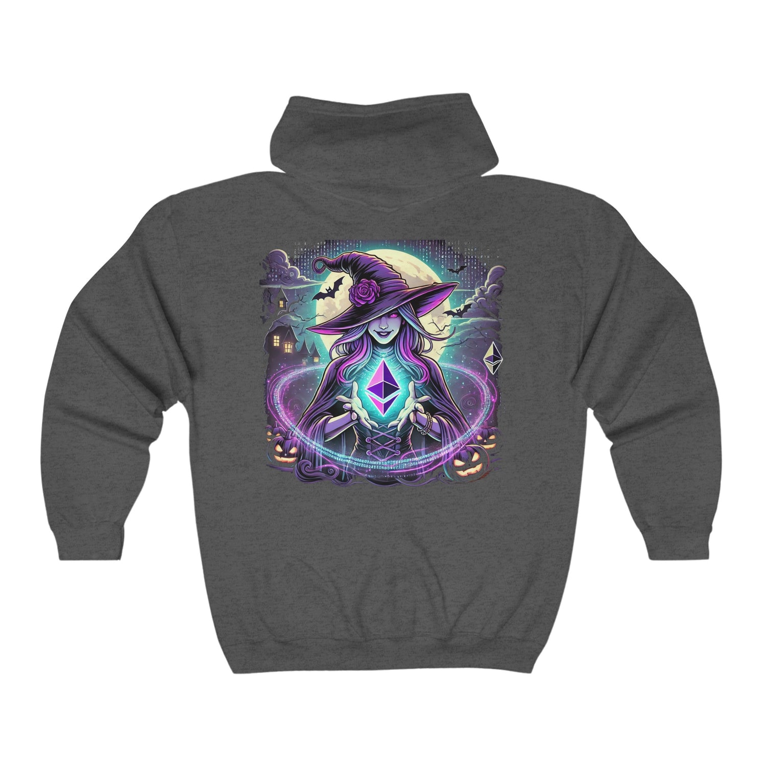 Unisex Comfy Zip-Up Hoodie with Ethereum Halloween Witch Design – Classic Fit, Soft Fleece