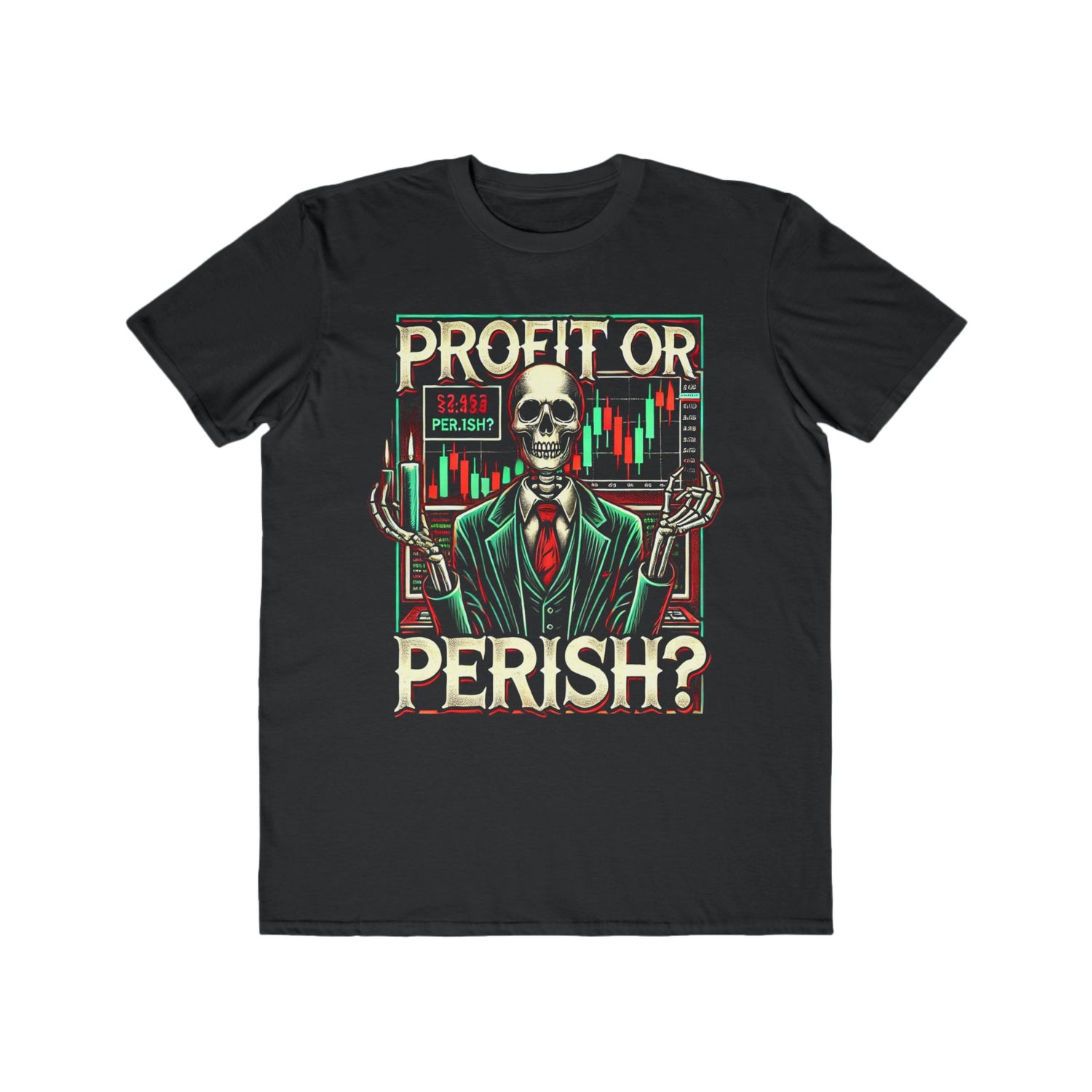 Men’s &quot;Profit or Perish&quot; Skeleton Trader Halloween T-Shirt – 100% Cotton, Bold &amp; Spooky, Durable Comfort